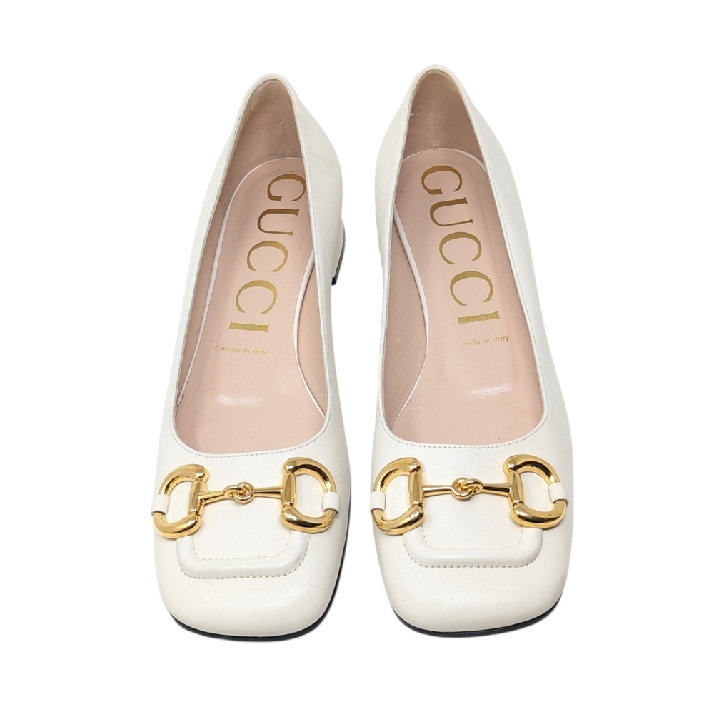 Gucci Malaga Kid Mystic White Baby Horsebit Leather Loafer Chunky Heel EU 39.5